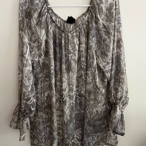 Bobeau Sheer Blouse in Gray and Cream